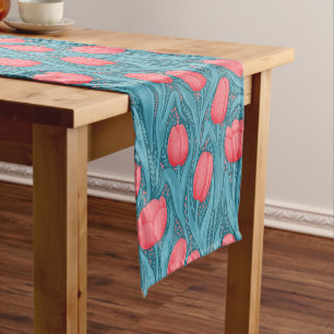 Caminho De Mesa Pequeno Tulipas em azul e vermelho