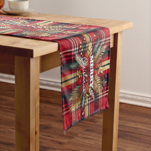 Caminho De Mesa Pequeno Vermelho Elegante e Xadrez festiva Dourada