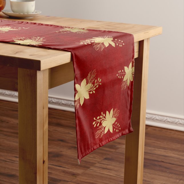 Caminho De Mesa Pequeno Vermelho festivo e folha de ouro Poinsettia de inv (No Local)