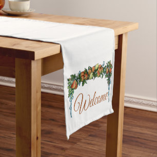 Caminho De Mesa Pequeno Vintage Fruta Garland com fitas azuis, bem-vindo