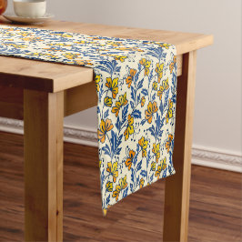Caminho De Mesa Pequeno Vintage Yellow Orange Folk Floral Blue Leaf
