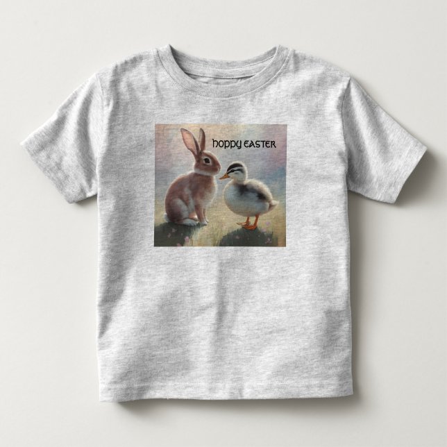 Camisa alegre de Páscoa com patinho e coelho (Frente)