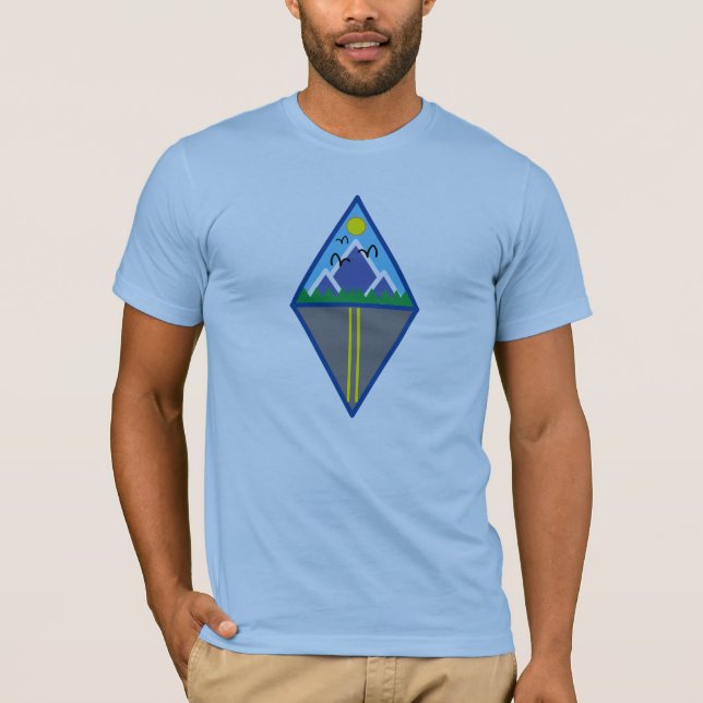 Camisa Azul dos Homens de Montanha Geométrica (Frente)