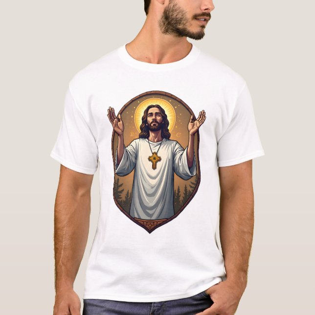 Camisa Branca Gravada Cristo Alfa Ômega 2 (Frente)