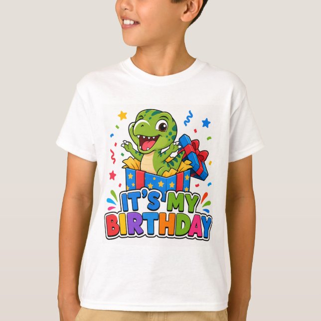 Camisa Caixa de Presente de Dinossauro Surpresa É  (Frente)