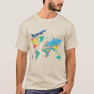 Camisa Colorida do Mapa Mundial e Avião Viagem Vin