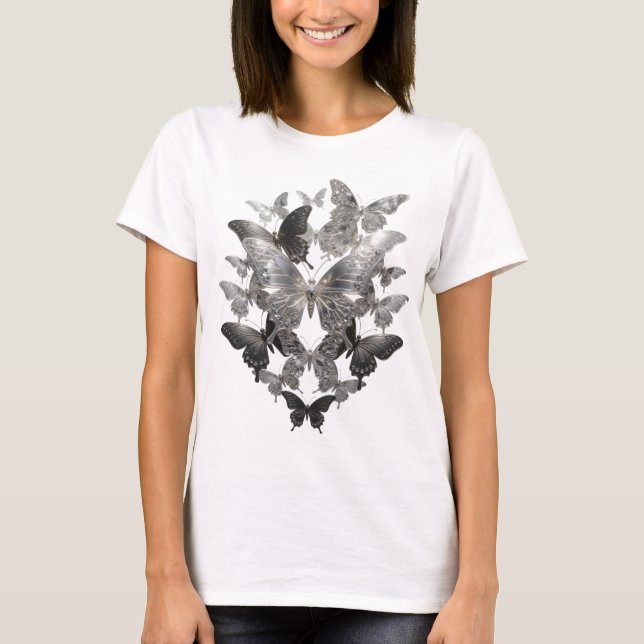 Camisa com Design Artístico de BORBOLETAS em Prata (Frente)