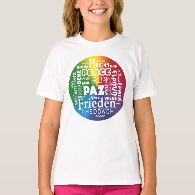 Camisa com paz no arco-íris em várias línguas (Frente)