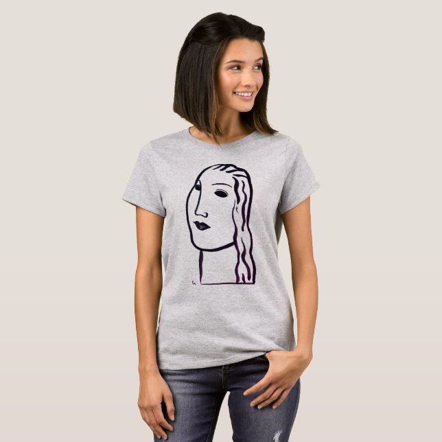 Camisa com retrato de mulher em arte linear de Leo (Frente Completa)