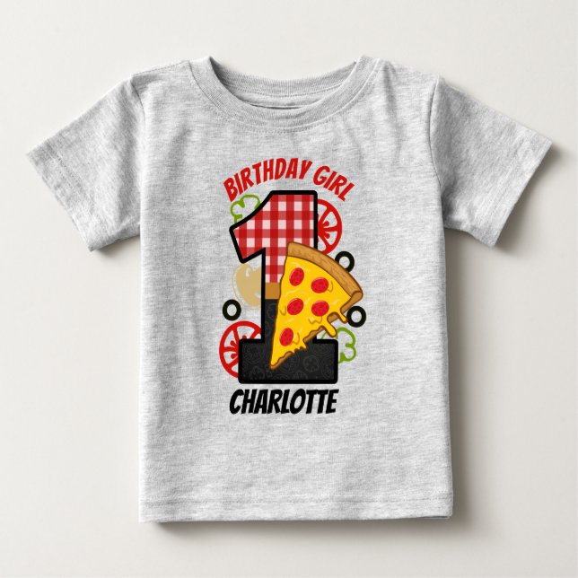 Camisa da menina de primeiro aniversário pizza (Frente)