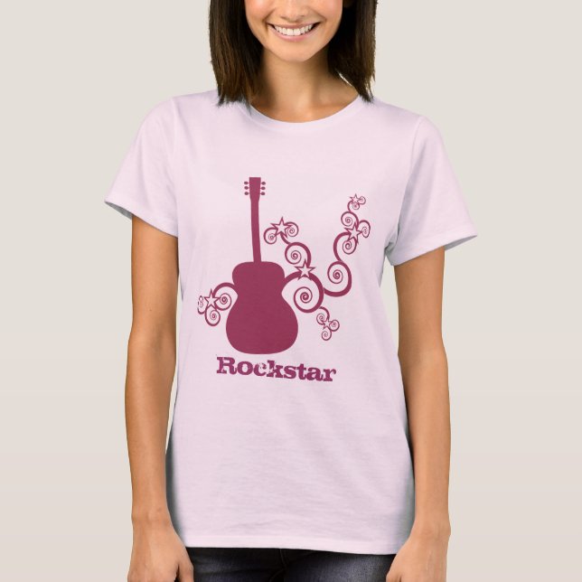 Camisa da Mulher-guitarra Rockstar, Fuchsia (Frente)