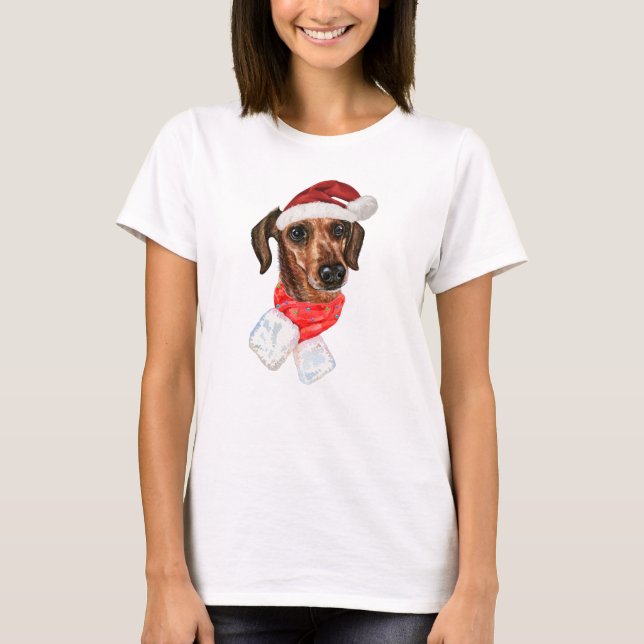 Camisa Dachshund com chapéu de Natal Santa (Frente)