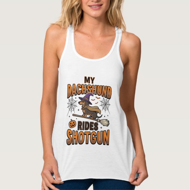 Camisa Dachshund Halloween Bruxa Vassoura Anda no  (Frente)