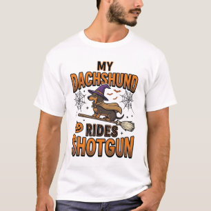 Camisa Dachshund Halloween Witch Broom Rides Shotg