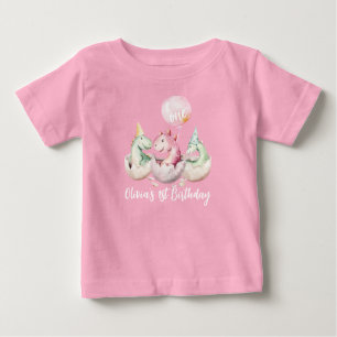 Camisa de 1º aniversário do Dinossauro Rosa