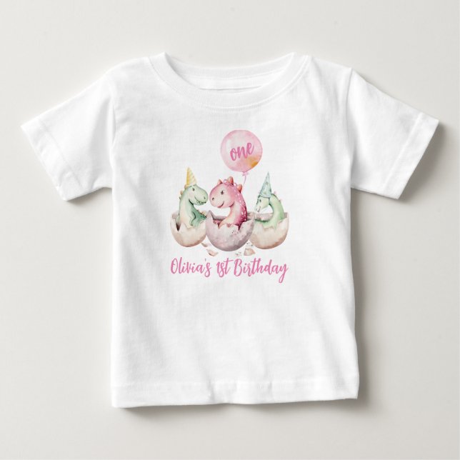 Camisa de 1º aniversário do Dinossauro Rosa (Frente)