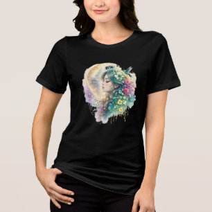 Camisa de água-forte Floral Mulher Beija-flor Aqua