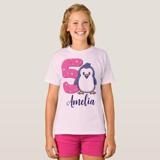 Camisa de Aniversário de Pinguim Menina Idade 5 No (Frente Completa)