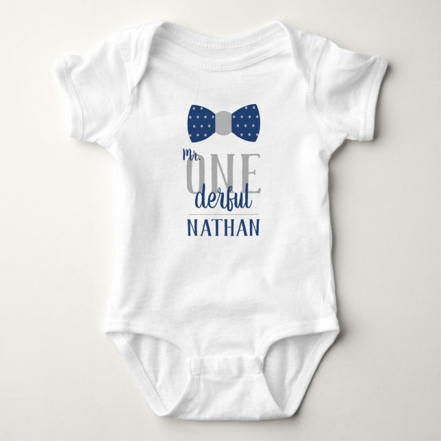 Camisa de Aniversário Mr ONEderful em Azul e Cinza (Frente)