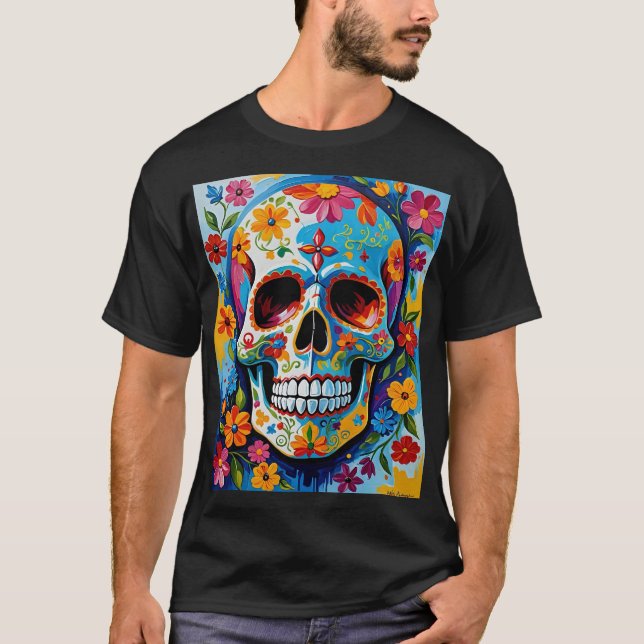 Camisa De Arte Com Flor De Crânio Colorida (Frente)