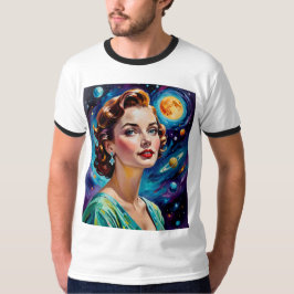 Camisa de Arte da Galáxia com Deusa Espacial Retro