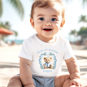 Camisa de bebê azul bege Beary 1º aniversário Urso