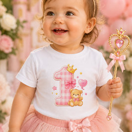 Camisa de Bebê de 1º Aniversário Urso e Xadrez