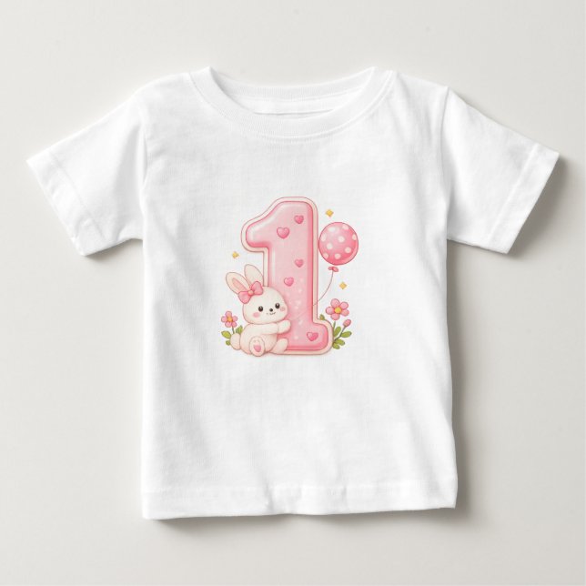 Camisa de bebê de primeiro aniversário Bunny with  (Frente)