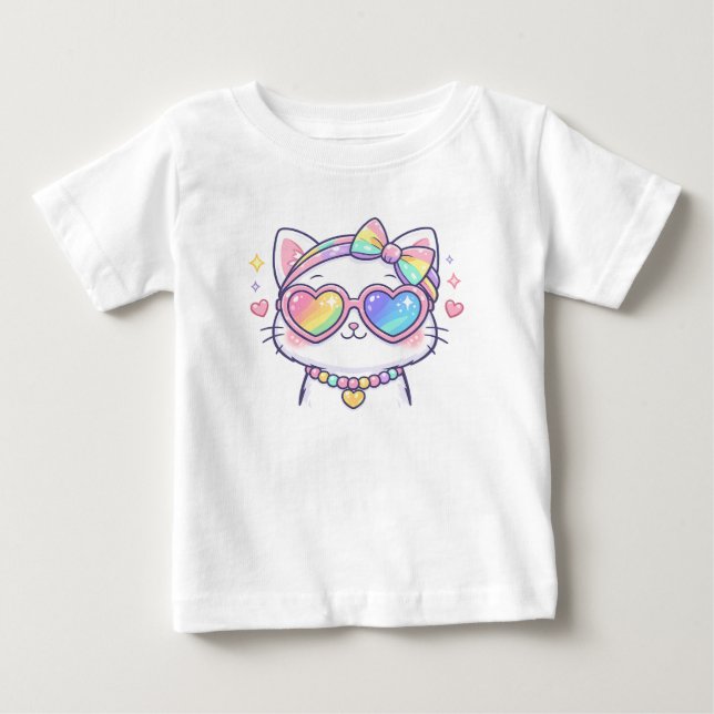 Camisa de Bebê Gato Arco-Íris Fofo com Óculos de C (Frente)