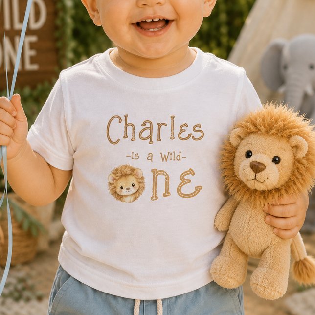 Camisa de Bebê Nome Personalizado Wild One Leão 1º (Criador carregado)