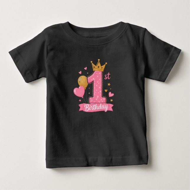 Camisa de Bebê Princesa Coroa de 1º Aniversário (Frente)