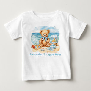 Camisa de Bebê Urso Teddy Azul Praia Bute Nome Per