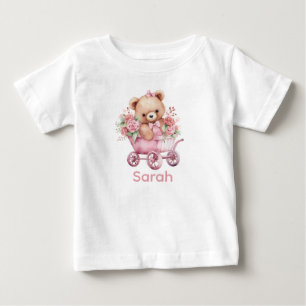Camisa de Bebê Urso Teddy Rosa Nome Personalizado