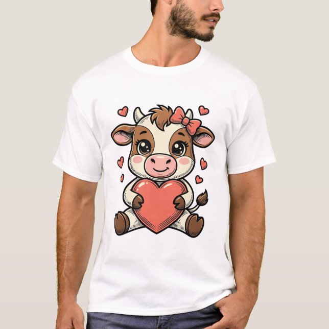 Camisa de Bebê Vaca Fofa Segurando Coração com Gra (Frente)