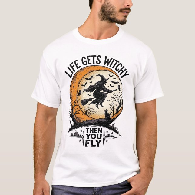 Camisa de Bruxa Vintage Retro Halloween Voando Bru (Frente)