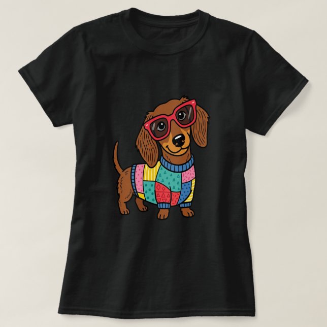 Camisa de Cachorro Dachshund Fofa com Óculos de So (Frente do Design)