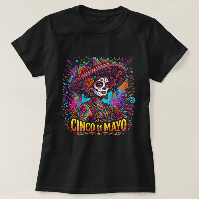 Camisa de Caveira de Açúcar do Cinco de Maio para  (Frente do Design)