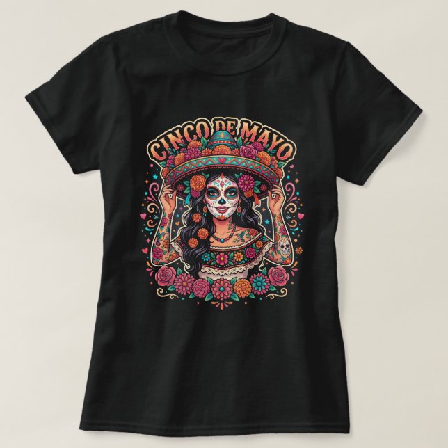 Camisa de Crânio de Açúcar do Cinco de Maio para M (Frente do Design)