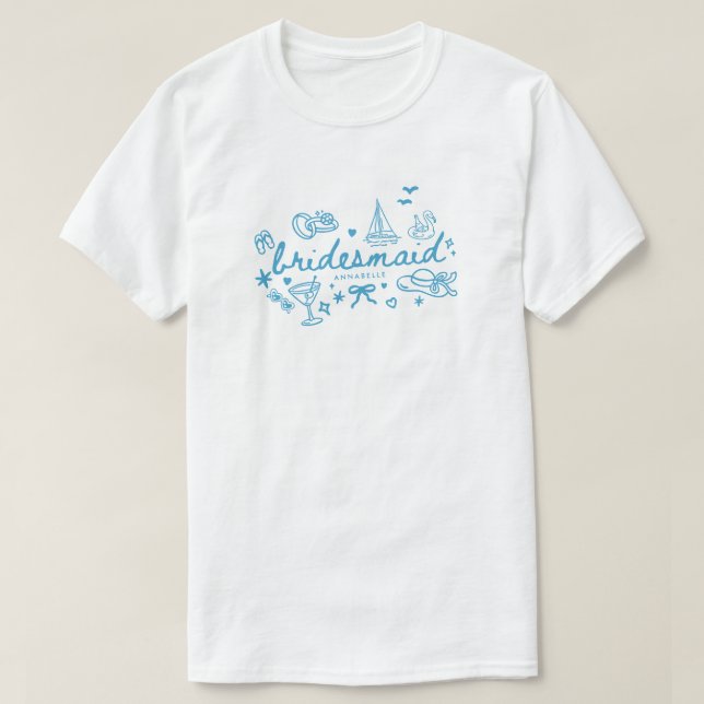 Camisa de Dama de Honra Azul Moderna Personalizada (Frente do Design)