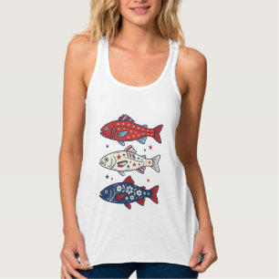 Camisa de Desenho de Três Peixes Patrióticos Vinta