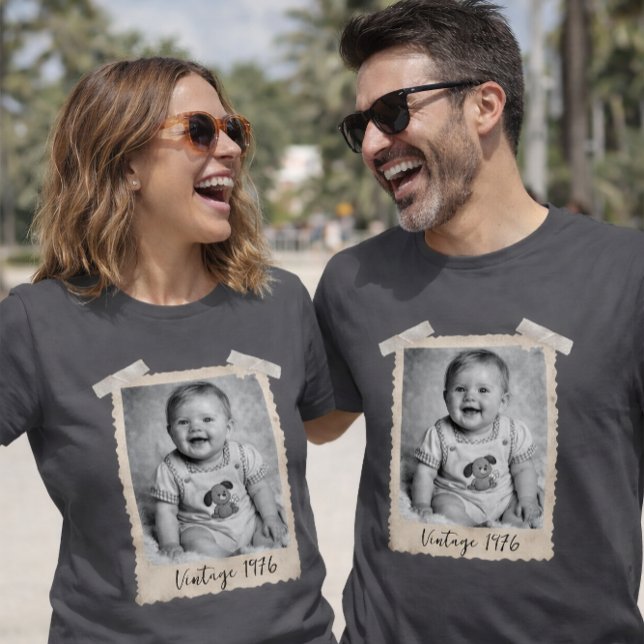 Camisa de foto vintage personalizada, aniversário  (Vintage Polaroid Custom Photo Birthday T-Shirt, Personalized Y2K style shirt)