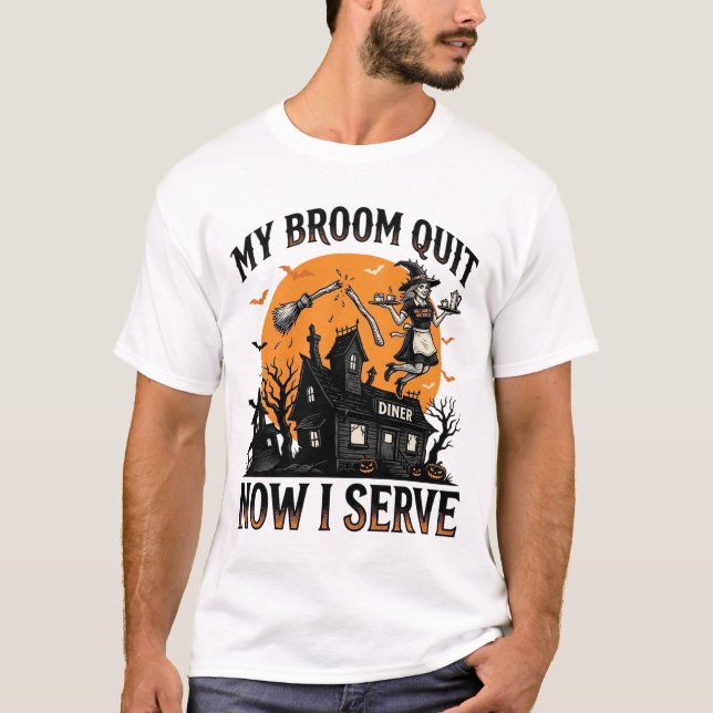 Camisa de garçonete de Halloween Vassoura Quebrou  (Frente)