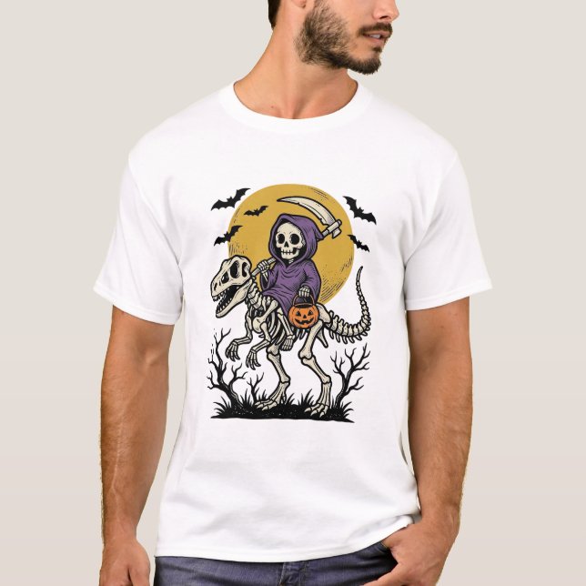 Camisa de Halloween de Dinossauro Esqueleto Vintag (Frente)