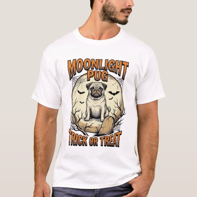Camisa de Halloween de Pug com Lua de Gravura Vint (Frente)