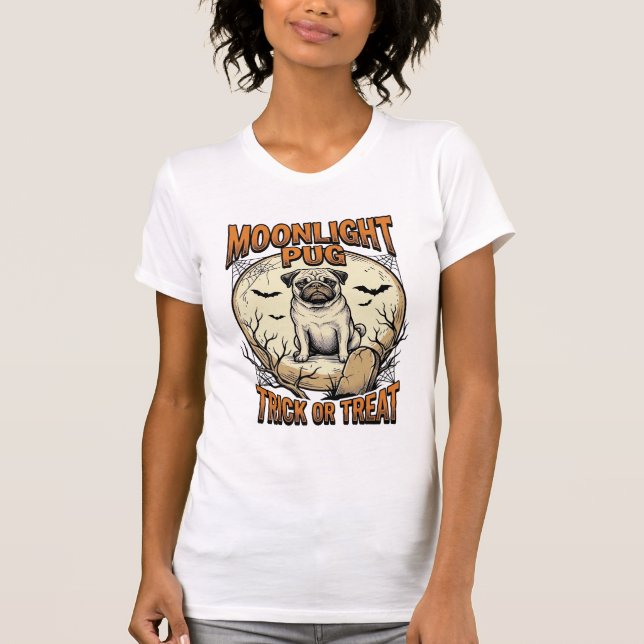 Camisa de Halloween de Pug com Lua de Gravura Vint (Frente)