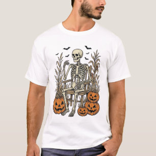 Camisa de Halloween Vintage Esqueleto e Abóboras D
