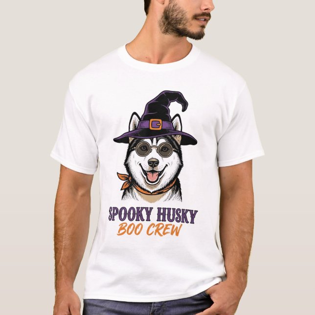 Camisa de Husky de Halloween Bruxa Cachorro Gráfic (Frente)