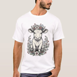 Camisa de Ilustração de Vaca de Bezerro Floral Vin