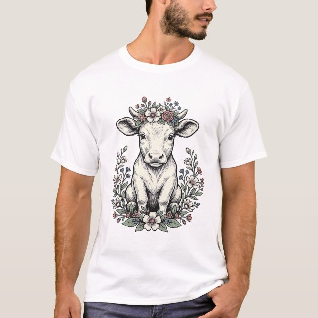 Camisa de Ilustração de Vaca de Bezerro Floral Vin (Frente)