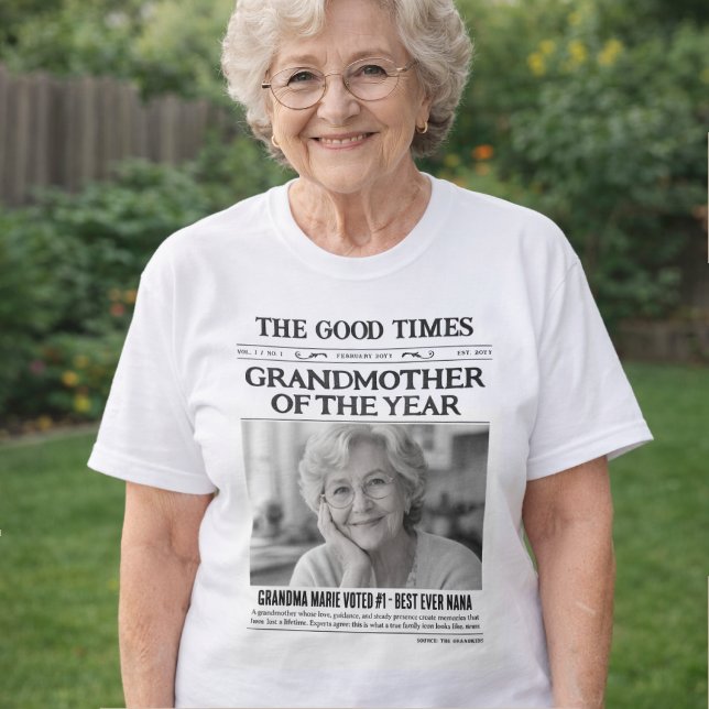 Camisa de Jornal Personalizada, Avó do Ano (Custom Newspaper Shirt, Grandmother of the Year T-Shirt)